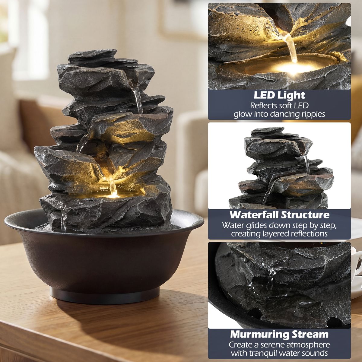 Coast Tafelwaterfontein - waterval met rotslook - LED-verlichting - zwart - 21,5 x 26 cm