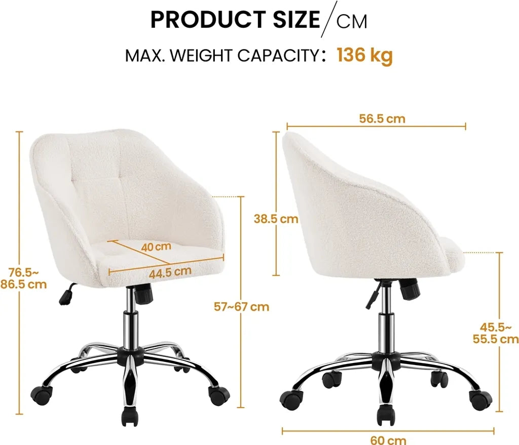 Yaheetech Ergonomische Bureaustoel 60 x 60 x 76,5-86,5 cm - Ivoor - Verstelbare Draaistoel met Fluwelen Bekleding