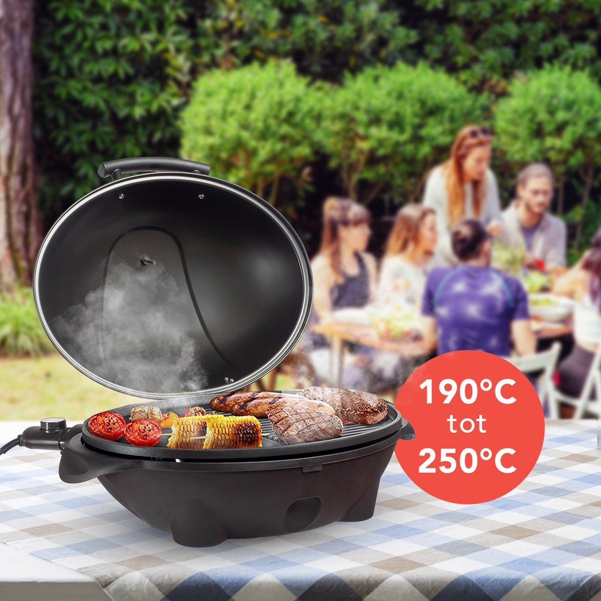 KitchenBrothers Elektrische BBQ - met Grillplaat - Anti-aanbaklaag - Incl. Plank/Houders - Grilloppervlak 46,5x33,8cm - tot 300°C - 2400W - Zwart