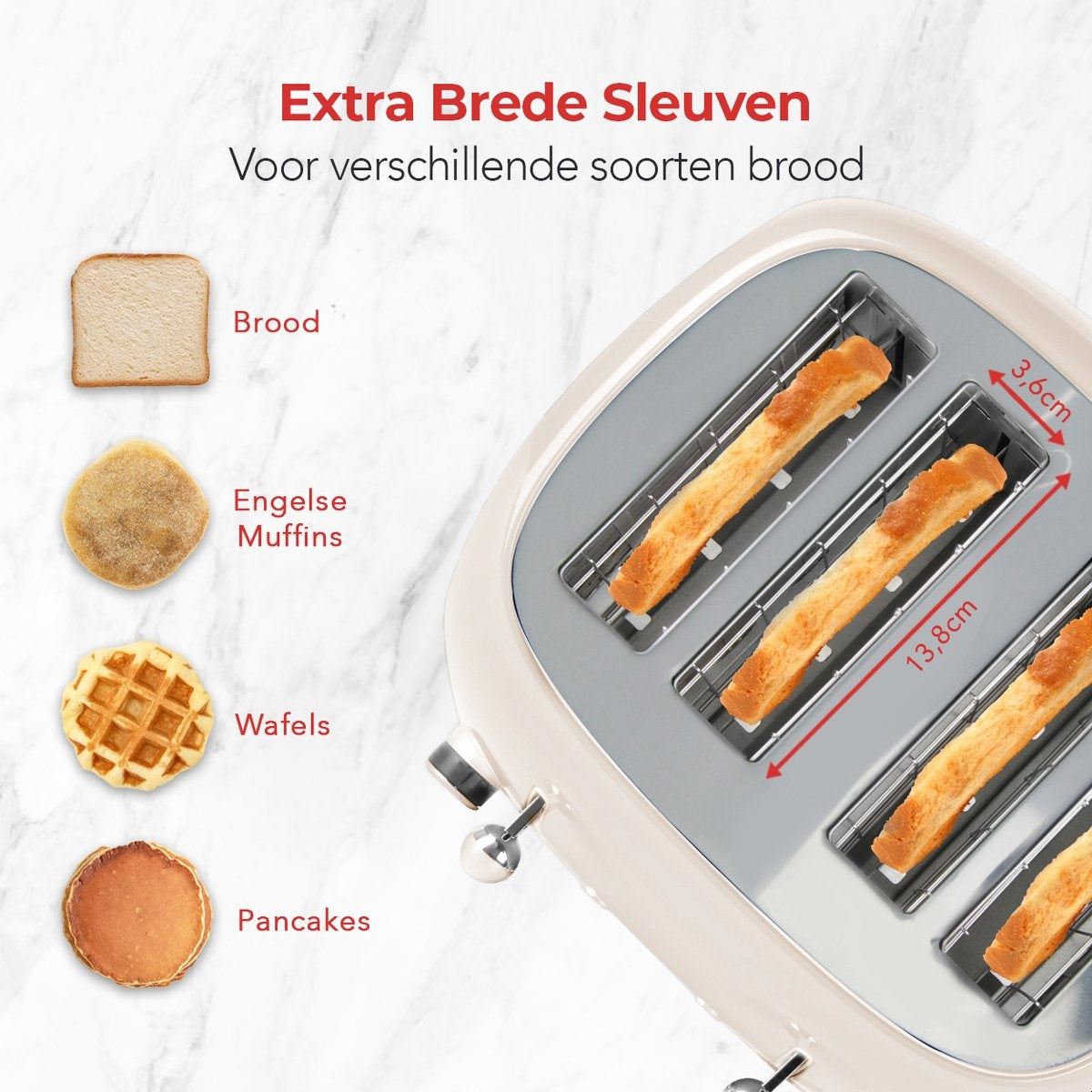 KitchenBrothers Retro Broodrooster - Toaster - 6 Warmteniveaus - 4 Extra Brede Sleuven - 1630W - Beige