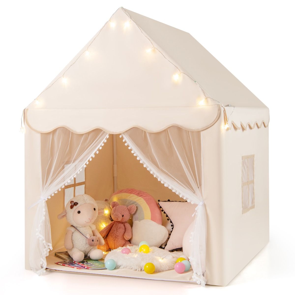 Coast Kinderspeeltent - met sterrenlichtjes en ramen - inclusief mat en dubbele gordijnen - beige