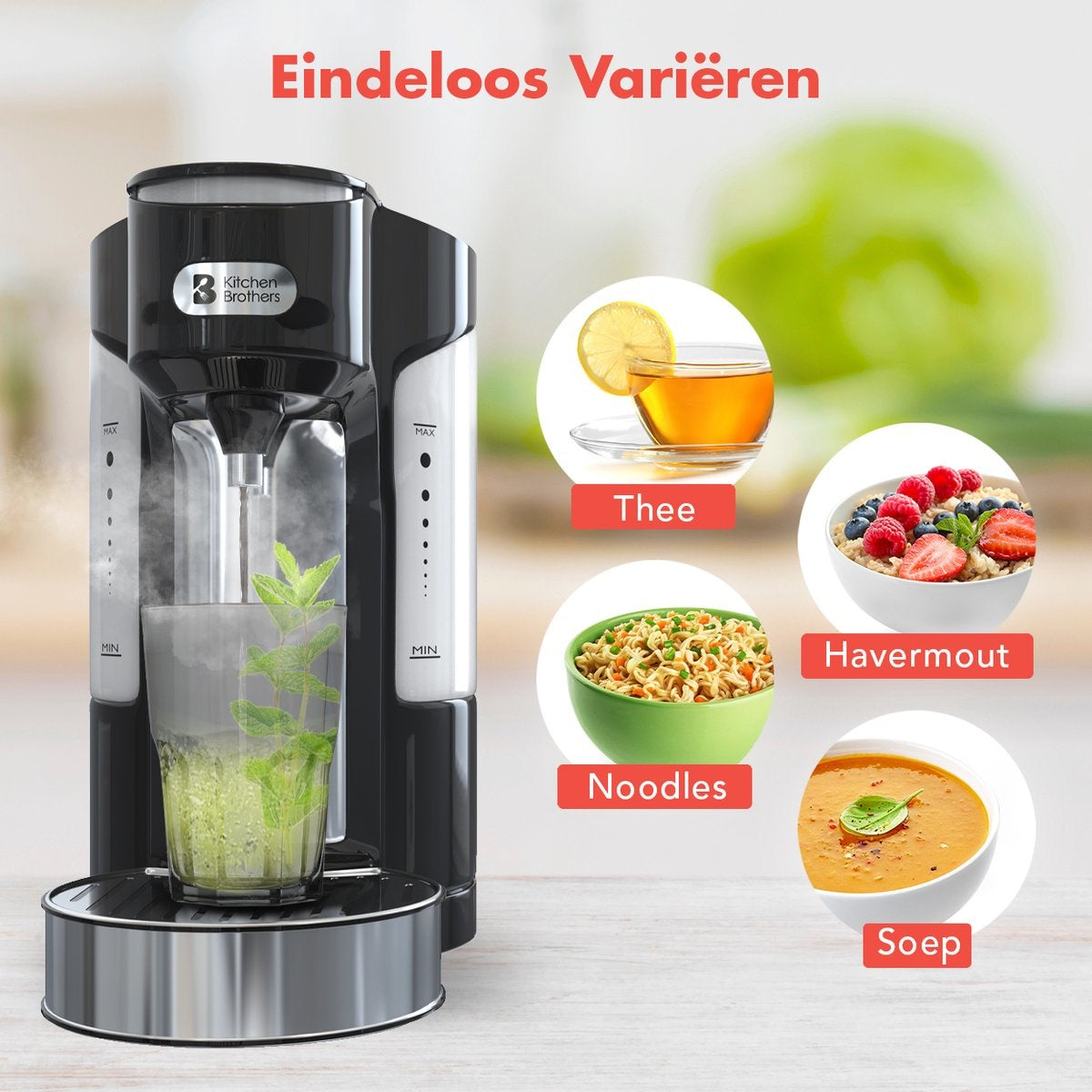 KitchenBrothers Heetwaterdispenser - 2L - 3000W - RVS /Zwart