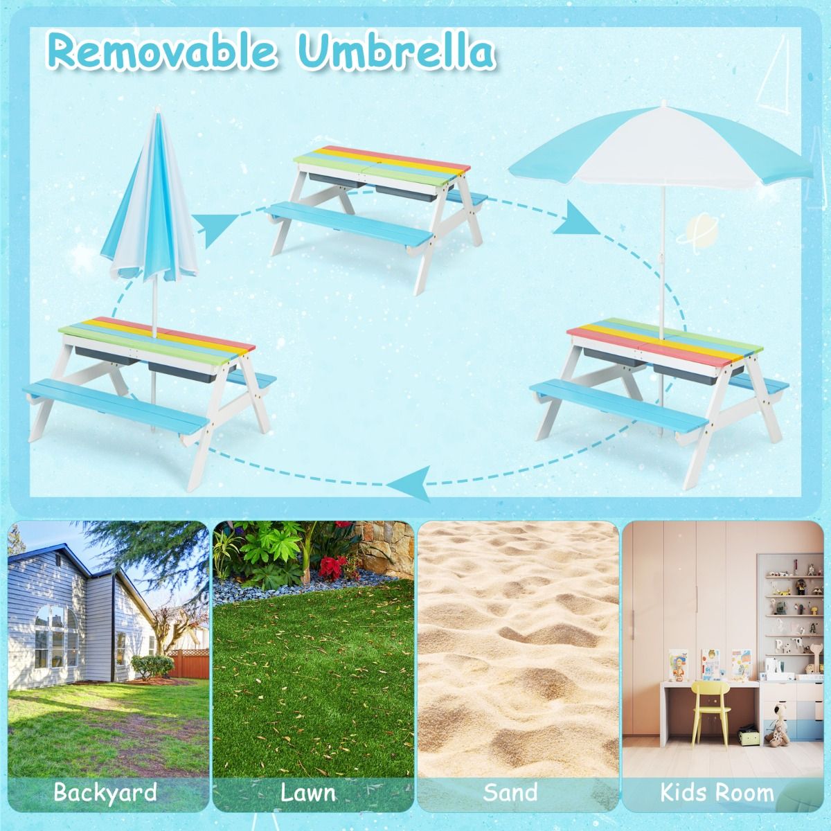 Coast 3-in-1 Kinderpicknicktafelset - met parasol en banken - multicolor