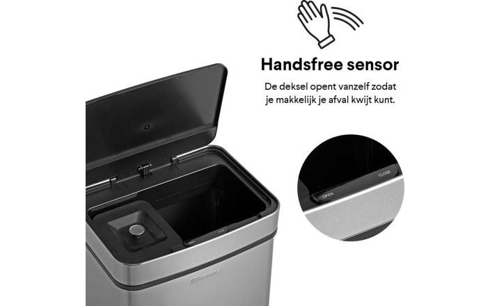 Homra Nexo Sensor Prullenbak – 72L Afvalscheiding (2x12L + 48L) – RVS – Automatisch Openend  – 31.5 x 42 x 82.5 cm -grijs