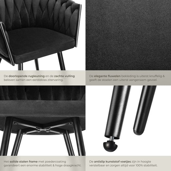 tectake® - Set van 2 Fluwelen eetkamerstoelen - Kuipstoel met armleuning in knooplook - Eetkamerstoel - Moderne eetkamerstoel voor woonkamer en eetkamer - Keukenstoel - Kaptafelstoel - Slaapkamerstoel - Diverse kleuren - Zwart