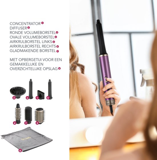 DOMO DO54782HS 7-in-1 Airstyler - Fohnborstel - Multistyler - Krulborstel - Stijlborstel - Fohn met 7 Opzetstukken - Paars/Goud