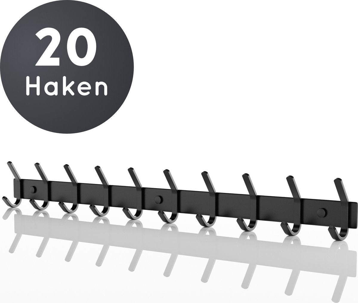 Volcan Wandkapstok - 20 Haken - RVS - Muur Kapstok Hangend - Industrieel - 3M Tape - Zwart