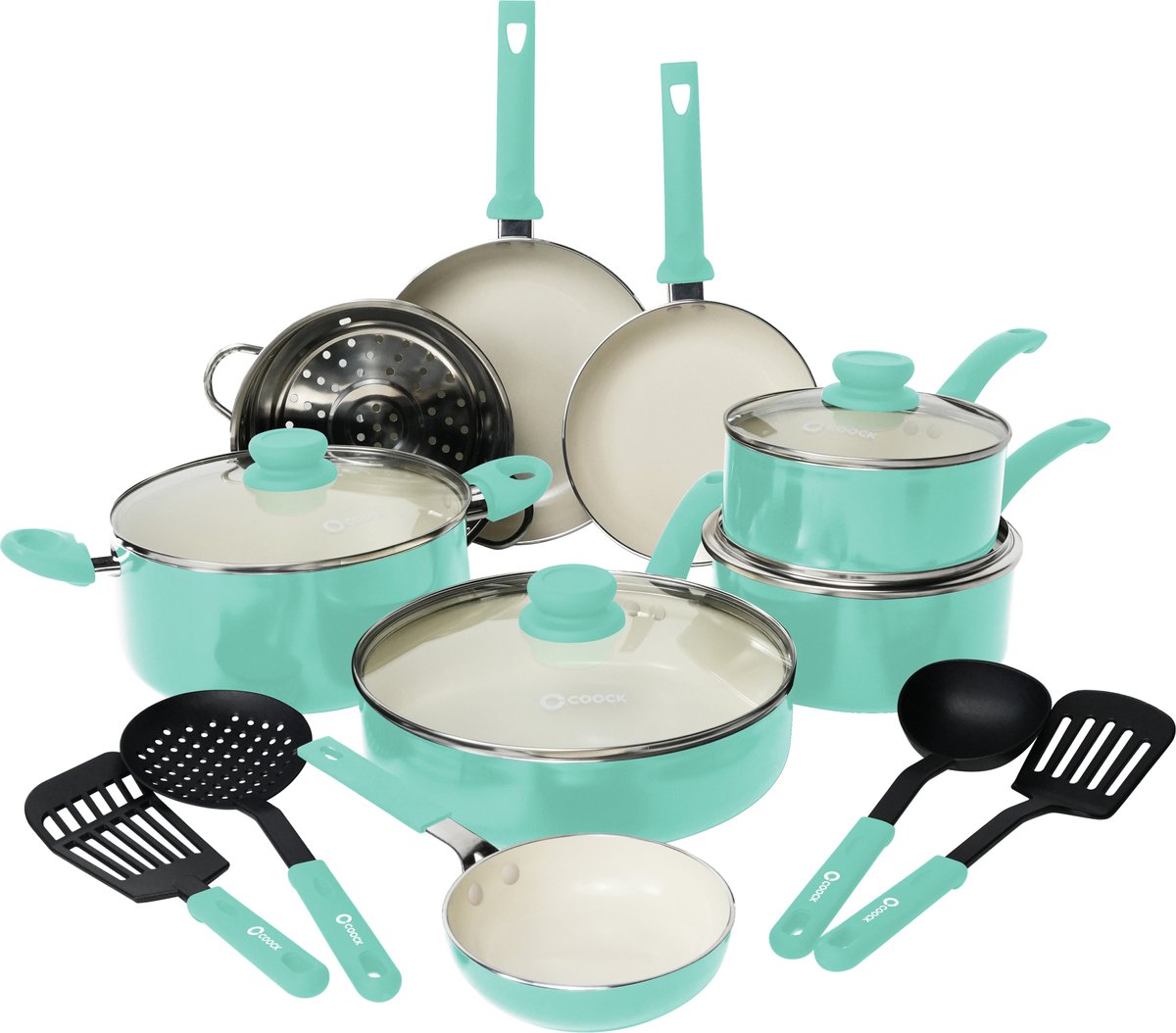 COOCK 19-Delige Pannenset Inductie - Speciale Anti-Aanbak Coating - Ergonomische Koudgrepen - Gerecycled Aluminium - koekenpannenset - kookpottenset - Turqoise (Groen) - Inclusief Onderzetters en E-book