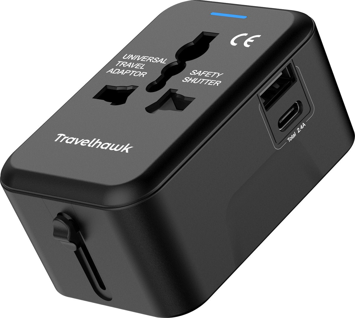 TravelHawk Universele Wereldstekker Zwart - USB-C & USB Poort - Voor 150+ Landen - Compact 7,5 x 5 x 3,5 cm