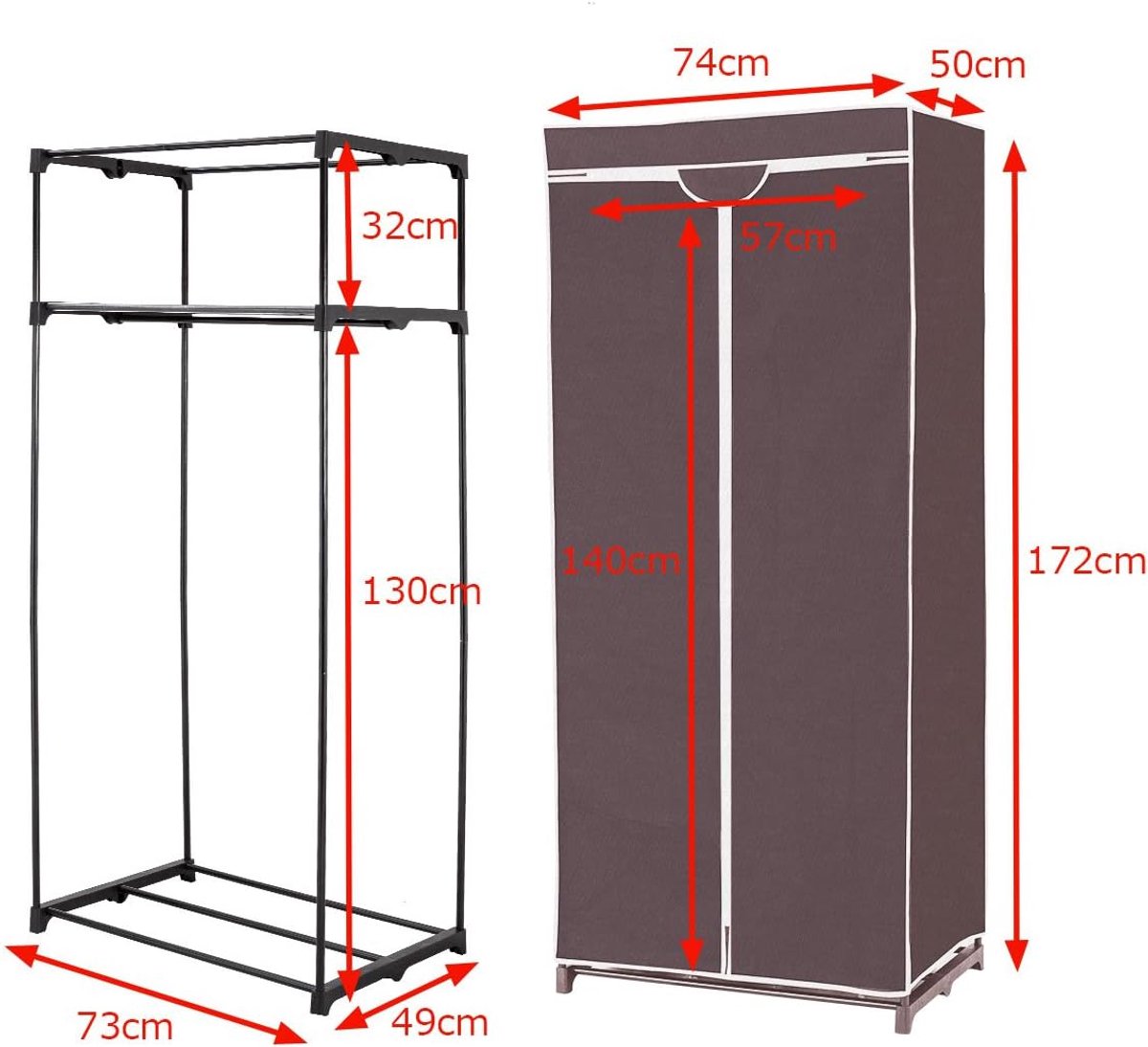 Coast Kledingkast Stof – Voorzien Van Kledingstang En Ademende Hoes Met Ritssluiting En Antislip Voetjes – Voor Slaapkamer En Camping – Zwart Ijzer En Vliesstof – 74 x 50 x 172 cm