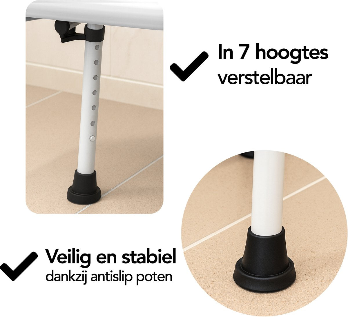 Brixy Douchestoel Wit 72-90 cm - Verstelbare Douchekruk met Afneembare Rug- en Armleuning, Anti-slip en Gevoerde Zitting, Max. 150 kg