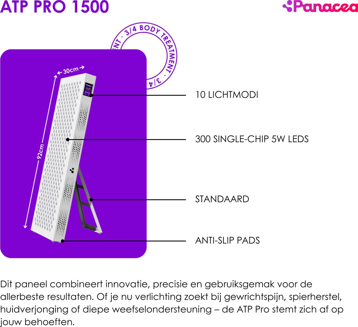 Panacea - ATP Pro 1500 Roodlichttherapie Paneel - 92 x 30 x 7 cm - Metaal & Aluminium - 8 Golflengtes & Touchscreen - 1500 Watt Professioneel Vermogen - Full-Body Herstel