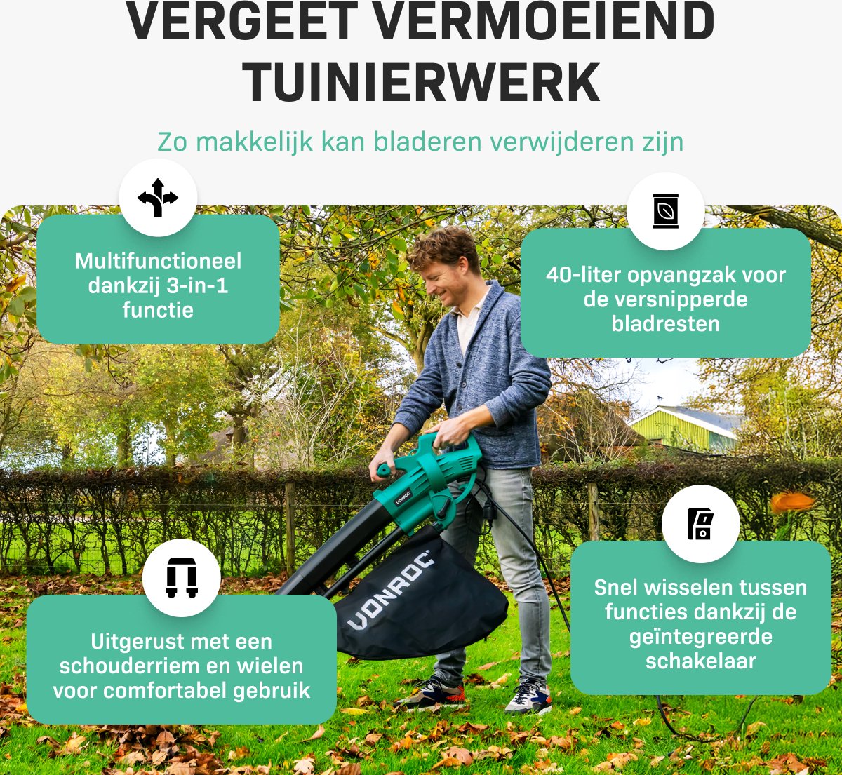 VONROC Bladblazer – Zuigen & Versnipperen – 3300 W – Incl. 40 liter Opvangzak – Zwart