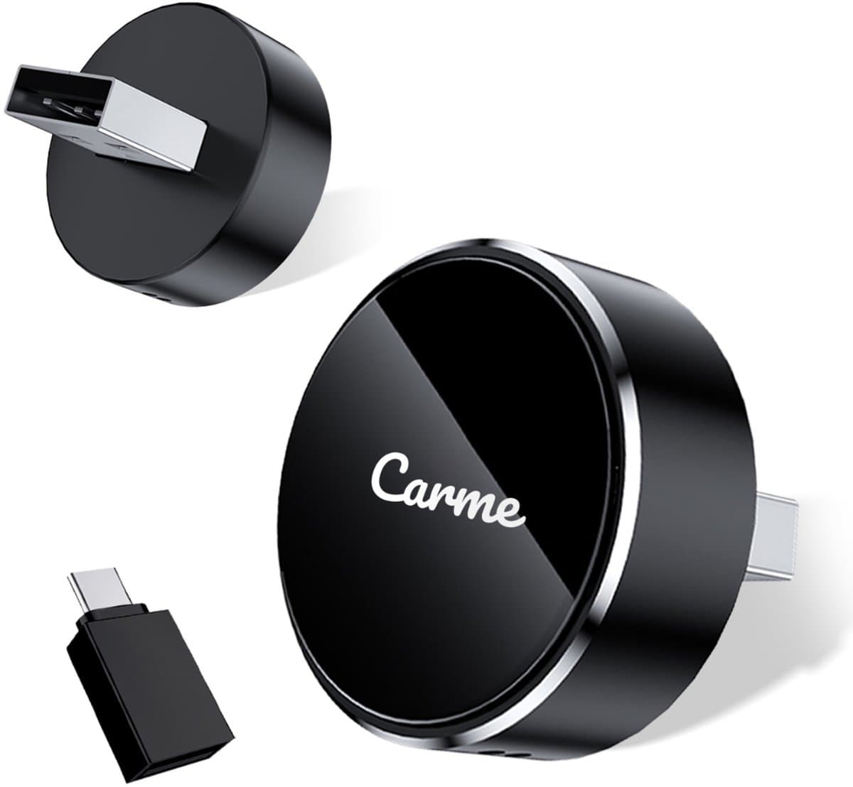 CarMe Ultra Mini 2-in-1 CarPlay Dongle – Voorzien Van Draadloze Bluetooth Verbinding En Updatebare Firmware En Usb-a En Usb-c Compatibiliteit – Voor Apple En Android – Zwart Kunststof – Rond Model