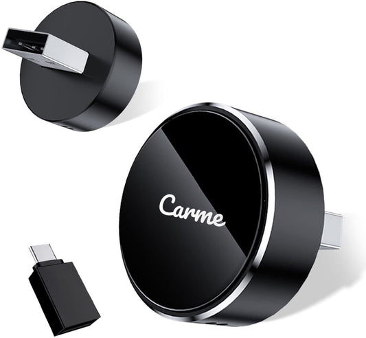 CarMe Ultra Mini 2-in-1 CarPlay Dongle – Voorzien Van Draadloze Bluetooth Verbinding En Updatebare Firmware En Usb-a En Usb-c Compatibiliteit – Voor Apple En Android – Zwart Kunststof – Rond Model