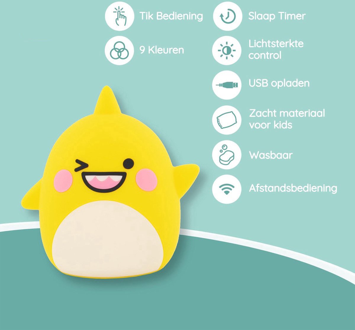Sleepy Friends Kinder Nachtlampje Haai - 8 Kleuren - Dimbaar - Touch & Afstandsbediening - USB Oplaadbaar - 95x97x100 mm - Zachte Siliconen