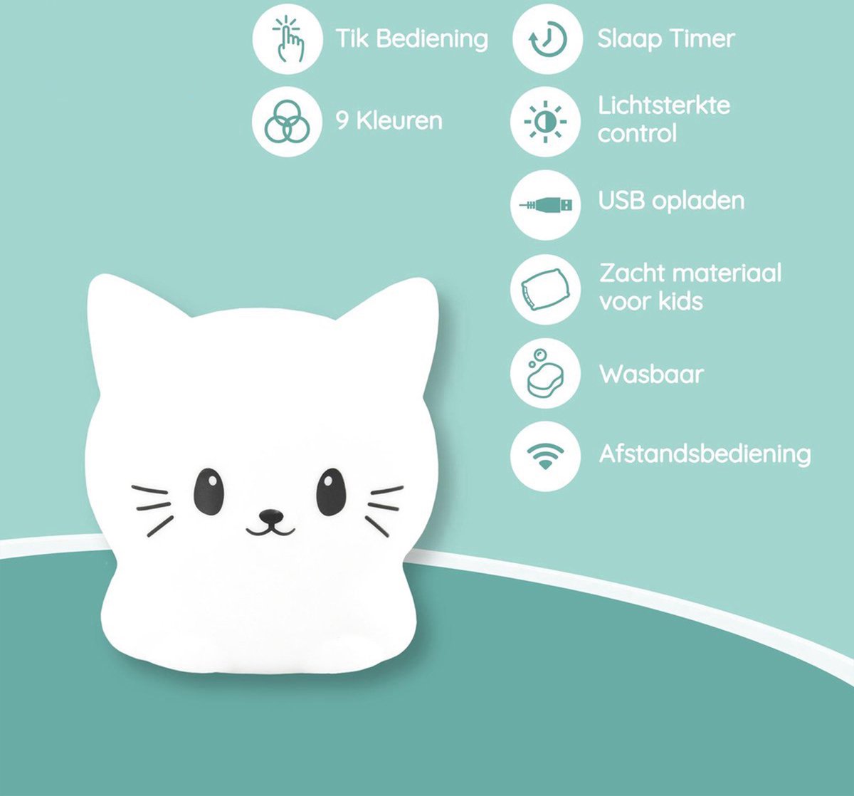 Sleepy Friends Sleepy Friends Kinder Nachtlampje Kat – 8 Kleuren – USB Oplaadbaar – Dimbaar – 95,2 x 97,4 x 100 mm – Grijs