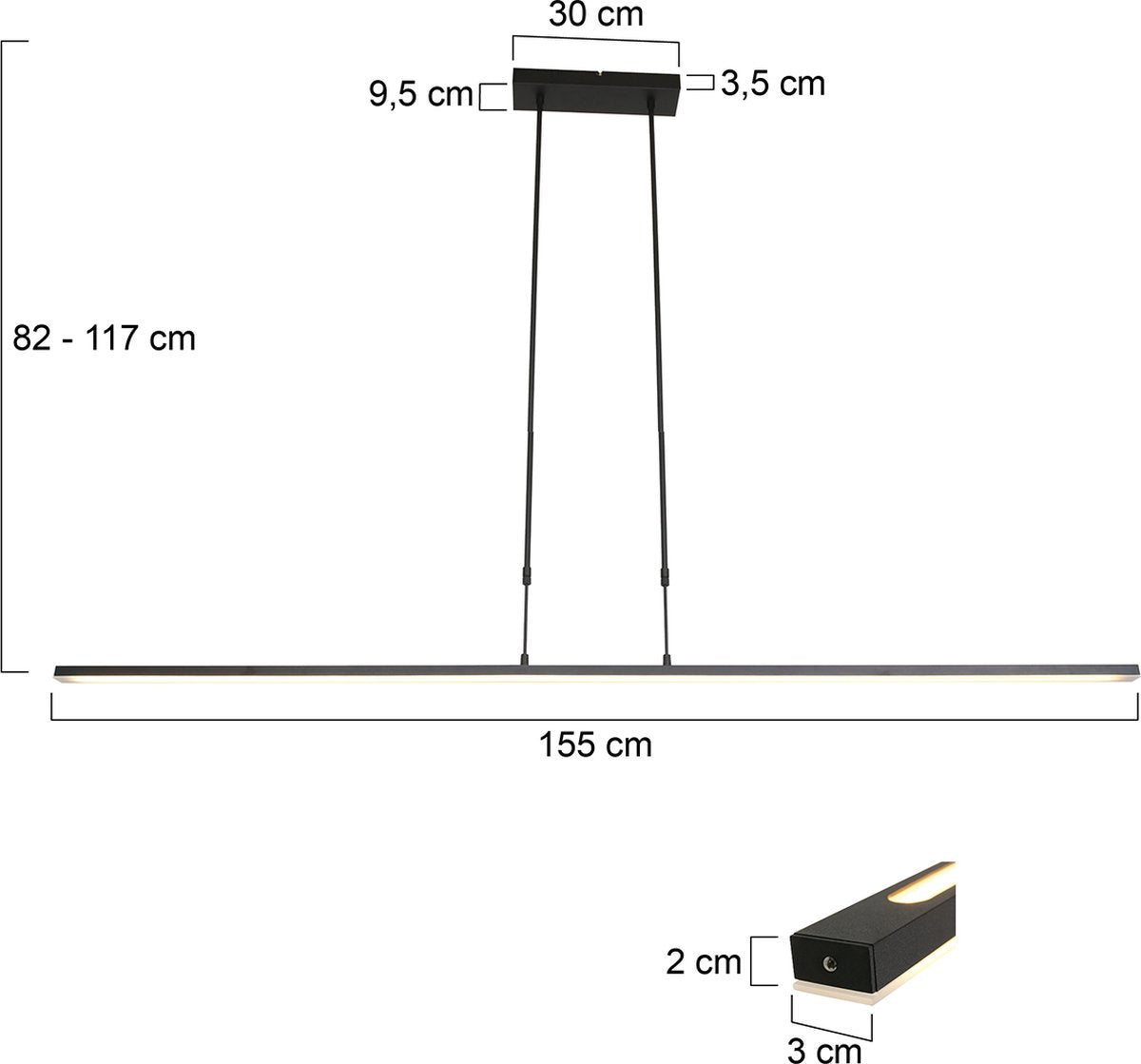 Verstelbare hanglamp Zelena – 2-lichts – Kunststof / Metaal – 155 cm – In hoogte verstelbaar tot 117 cm – Modern design – Zwart
