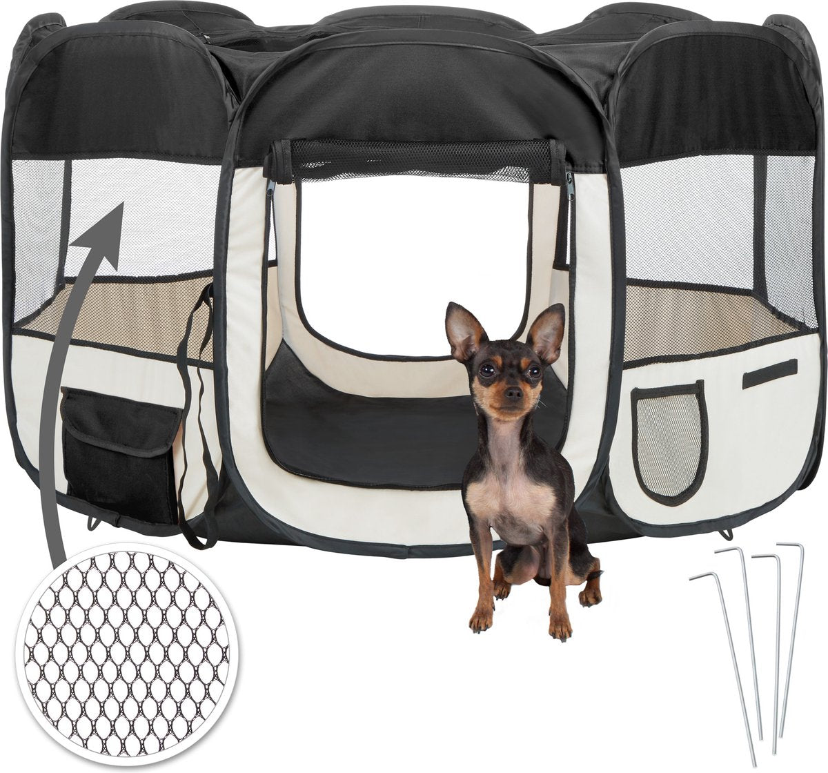 Tectake Opvouwbare Puppyren - beige met zwart - 125 x 125 x 64 cm - Incl. Draagtas