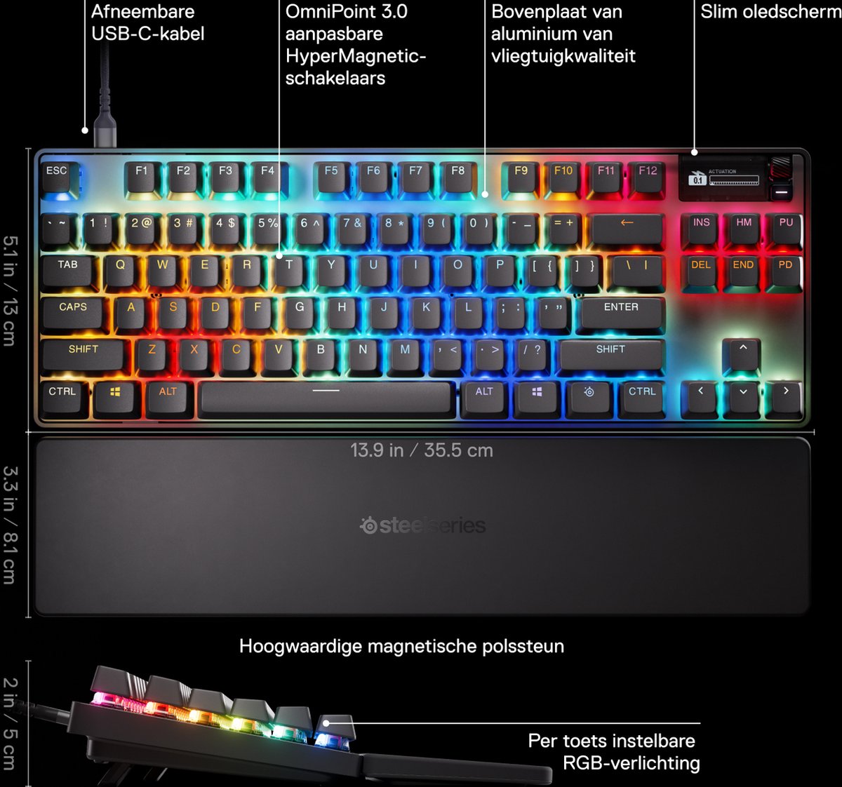 SteelSeries Apex Pro Gen 3 TKL - Gaming Toetsenbord - Bedraad - Verstelbare Kleurenverlichting - OLED Display - Zwart