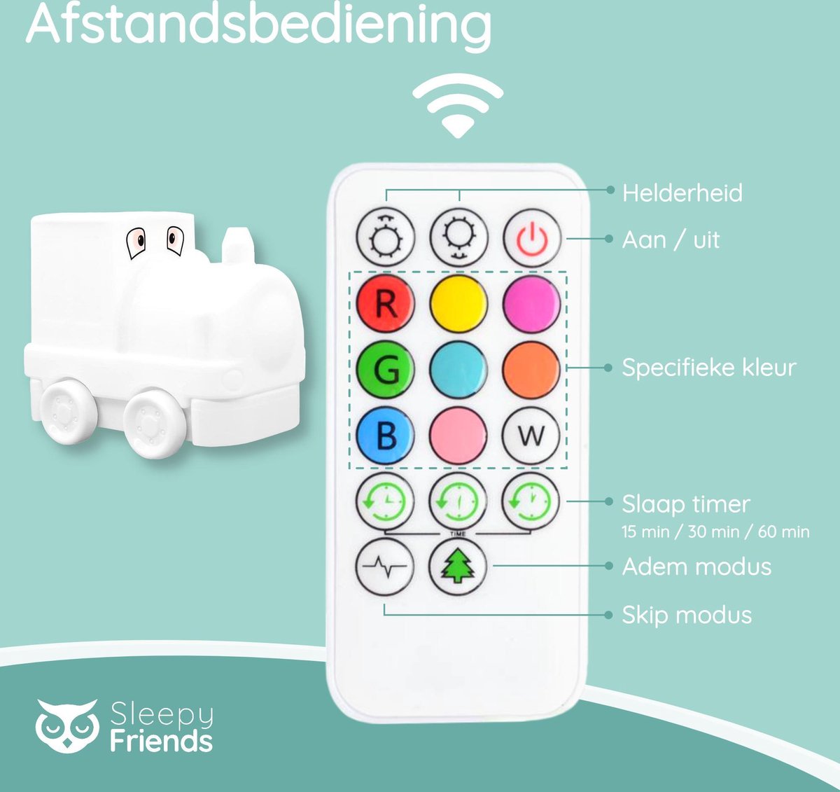 Sleepy Friends Trein Nachtlampje Kinderkamer - Dimbaar LED Nachtlampje 8 Kleuren - 95,2 x 97,4 x 100 mm - Grijs - Inclusief Afstandsbediening