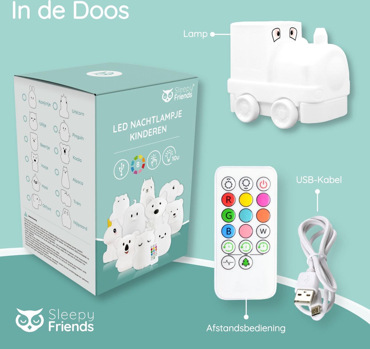 Sleepy Friends Trein Nachtlampje Kinderkamer - Dimbaar LED Nachtlampje 8 Kleuren - 95,2 x 97,4 x 100 mm - Grijs - Inclusief Afstandsbediening