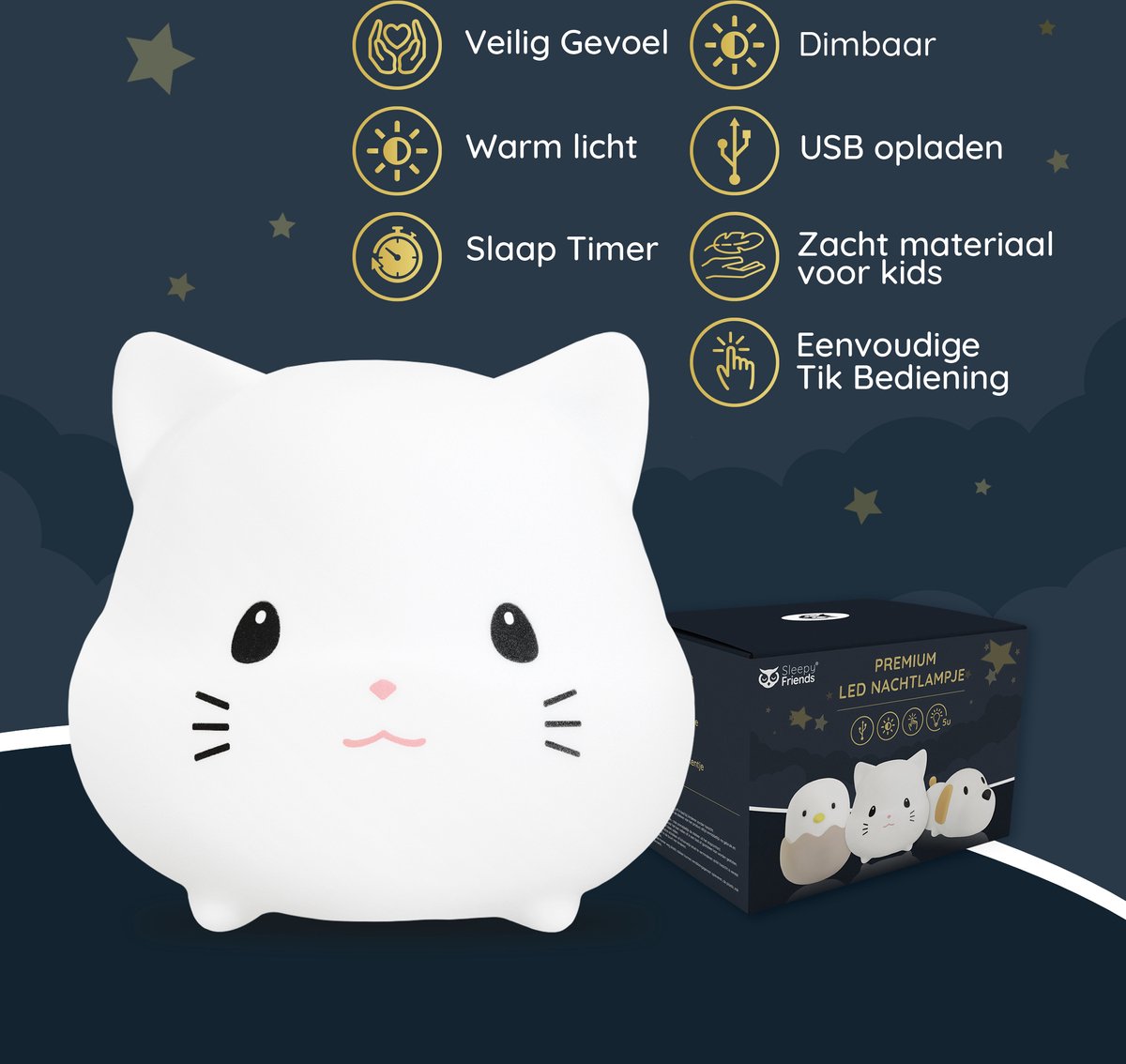 Sleepy Friends Premium Kat Nachtlampje Kinderkamer - USB Oplaadbaar, Dimbaar, Zacht & Veilig - 95 x 97 x 100 mm - Grijs