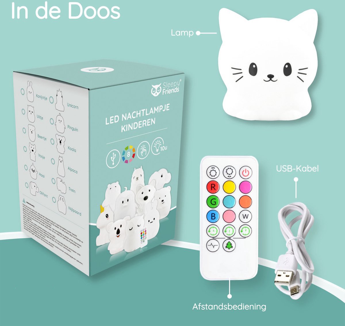 Sleepy Friends Sleepy Friends Kinder Nachtlampje Kat – 8 Kleuren – USB Oplaadbaar – Dimbaar – 95,2 x 97,4 x 100 mm – Grijs