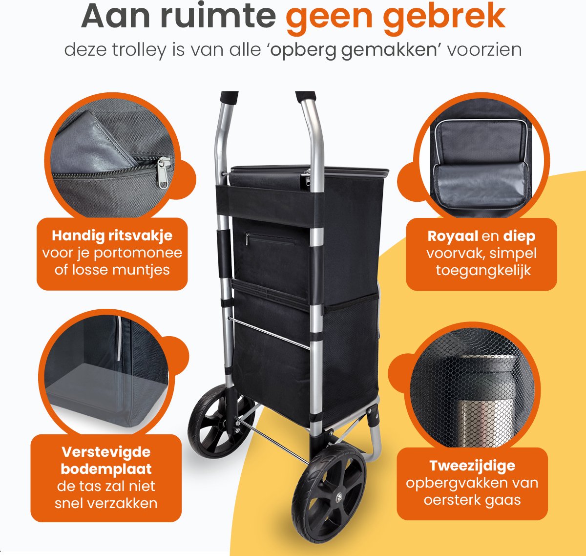 Goliving Boodschappentrolley - Boodschappenwagen met Zijvakken en Koelvak - Opvouwbaar - Weerbestendig - Roestvrij Aluminium - Boodschappenkar met Wielen - 50L - Zwart