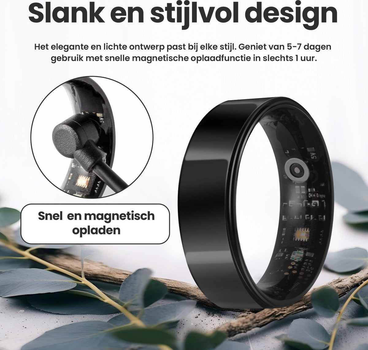 Saaf Smart Ring - Zwart - Maat 8 - Slanke Activity Tracker voor Dames en Heren