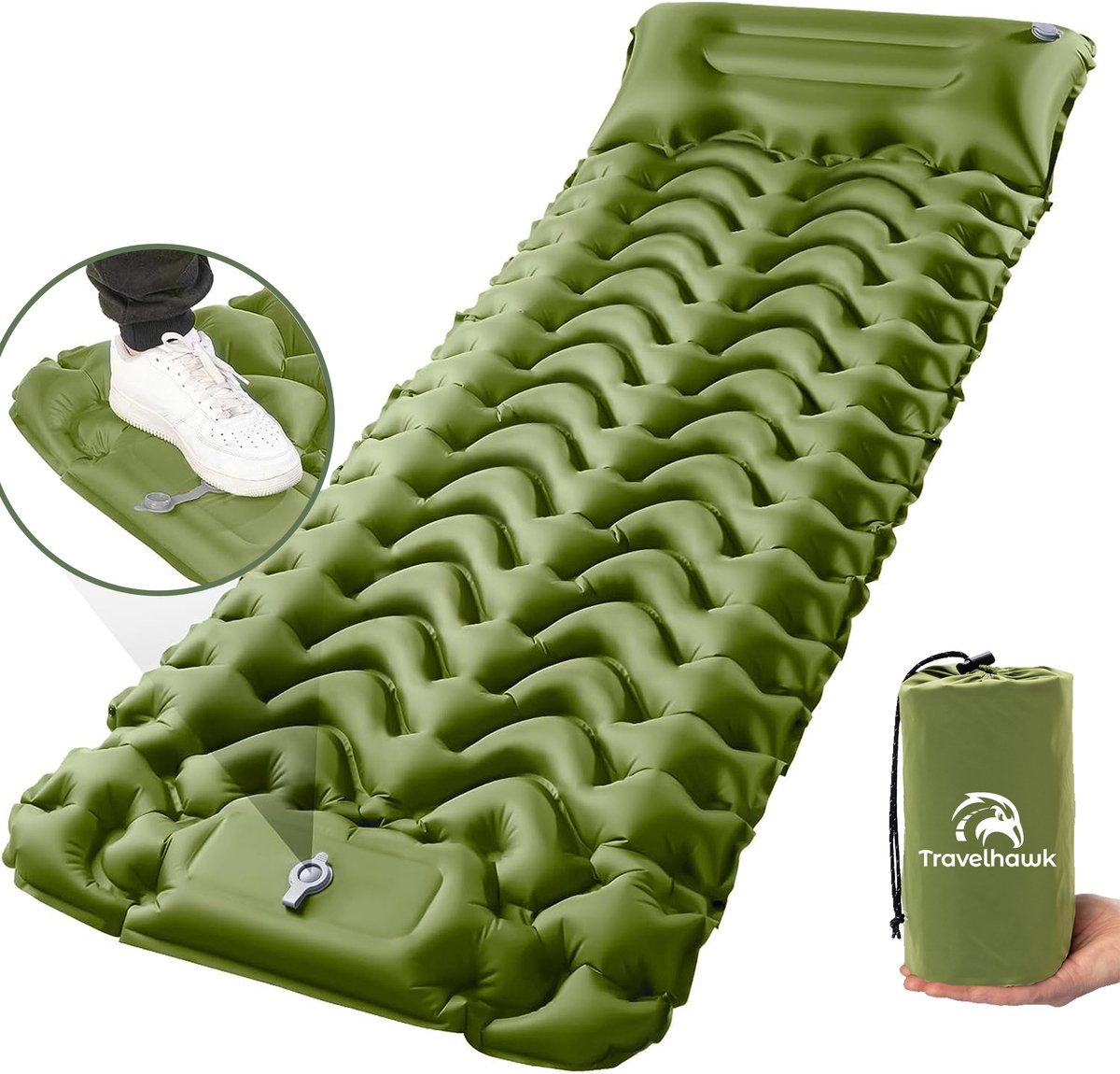 Travelhawk Luchtbed - Campingbedje - Ingebouwde Pomp - 1 persoons - Slaapmatje 1 Persoons - Kliksysteem - Groen