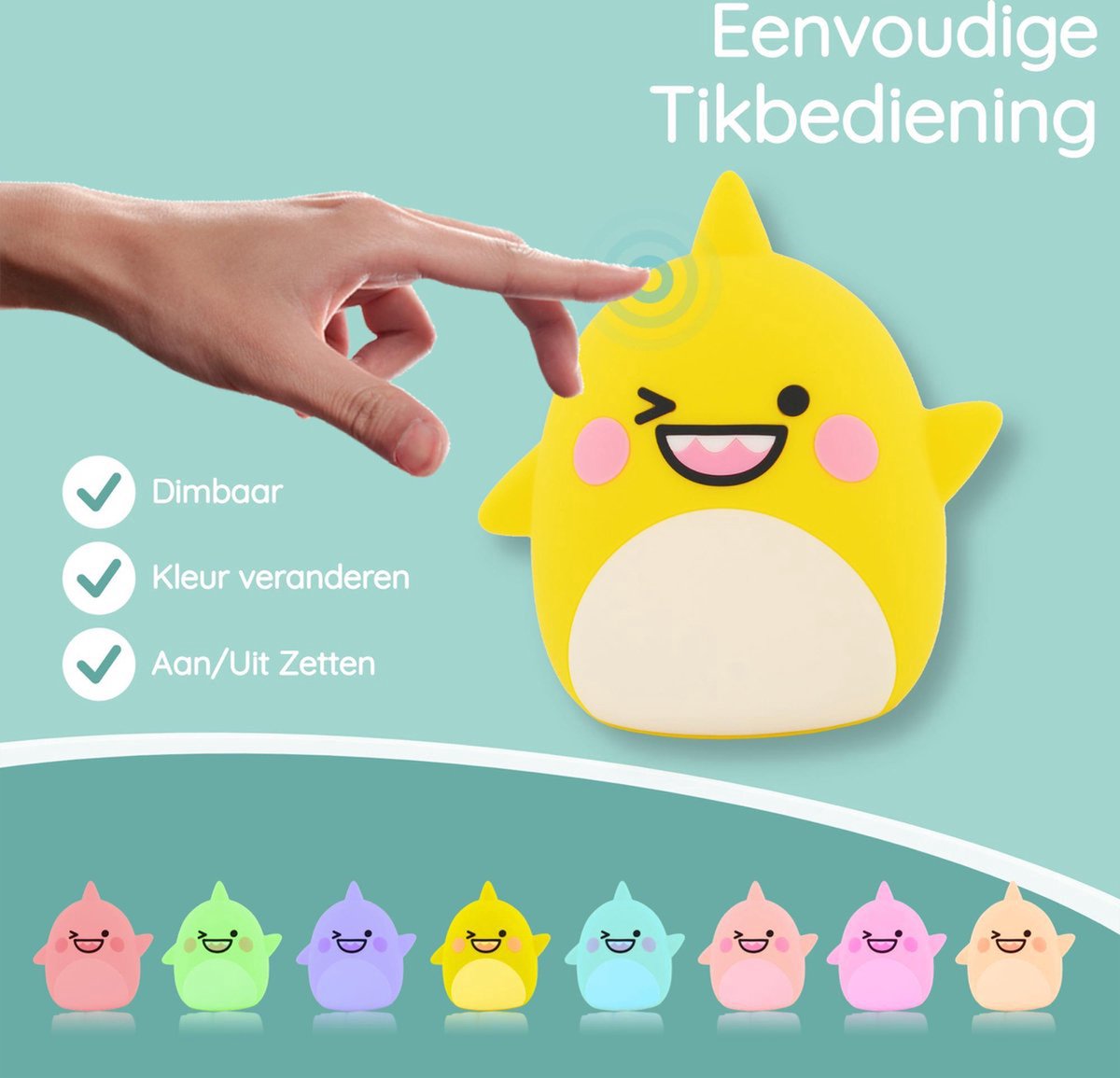 Sleepy Friends Kinder Nachtlampje Haai - 8 Kleuren - Dimbaar - Touch & Afstandsbediening - USB Oplaadbaar - 95x97x100 mm - Zachte Siliconen