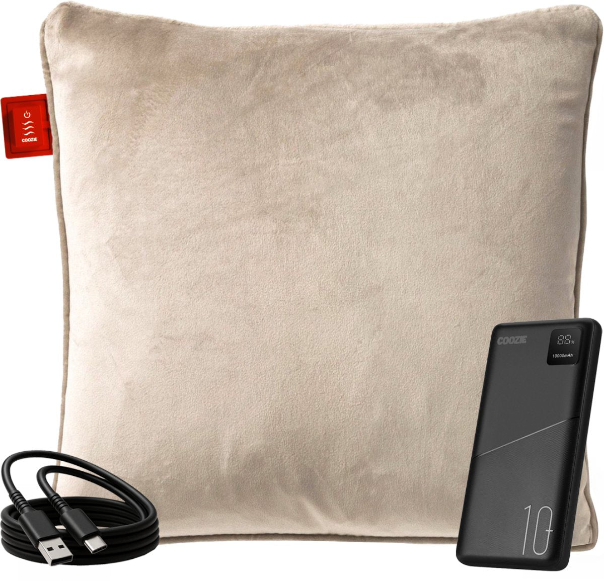Coozie Oplaadbaar Warmtekussen 45x45 cm – Draadloos & Bedraad – 3 Warmtestanden (45–65°C) – Velvet Beige – Incl. 10.000 mAh Powerbank