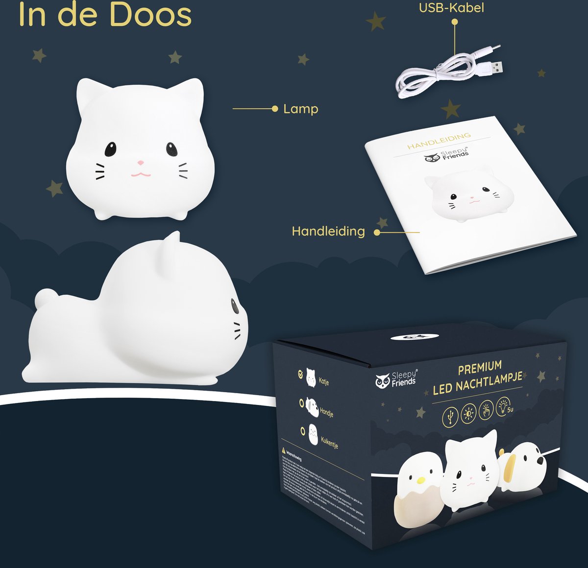 Sleepy Friends Premium Kat Nachtlampje Kinderkamer - USB Oplaadbaar, Dimbaar, Zacht & Veilig - 95 x 97 x 100 mm - Grijs
