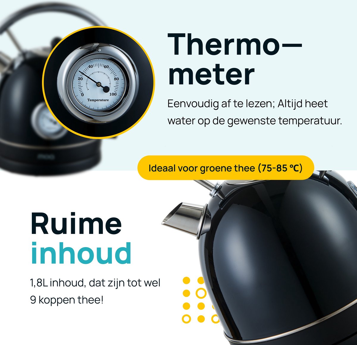 MOA® Retro Waterkoker – 1,8 Liter – RVS – Met Thermometer & Anti-Kalkfilter – 2200W – Zwart