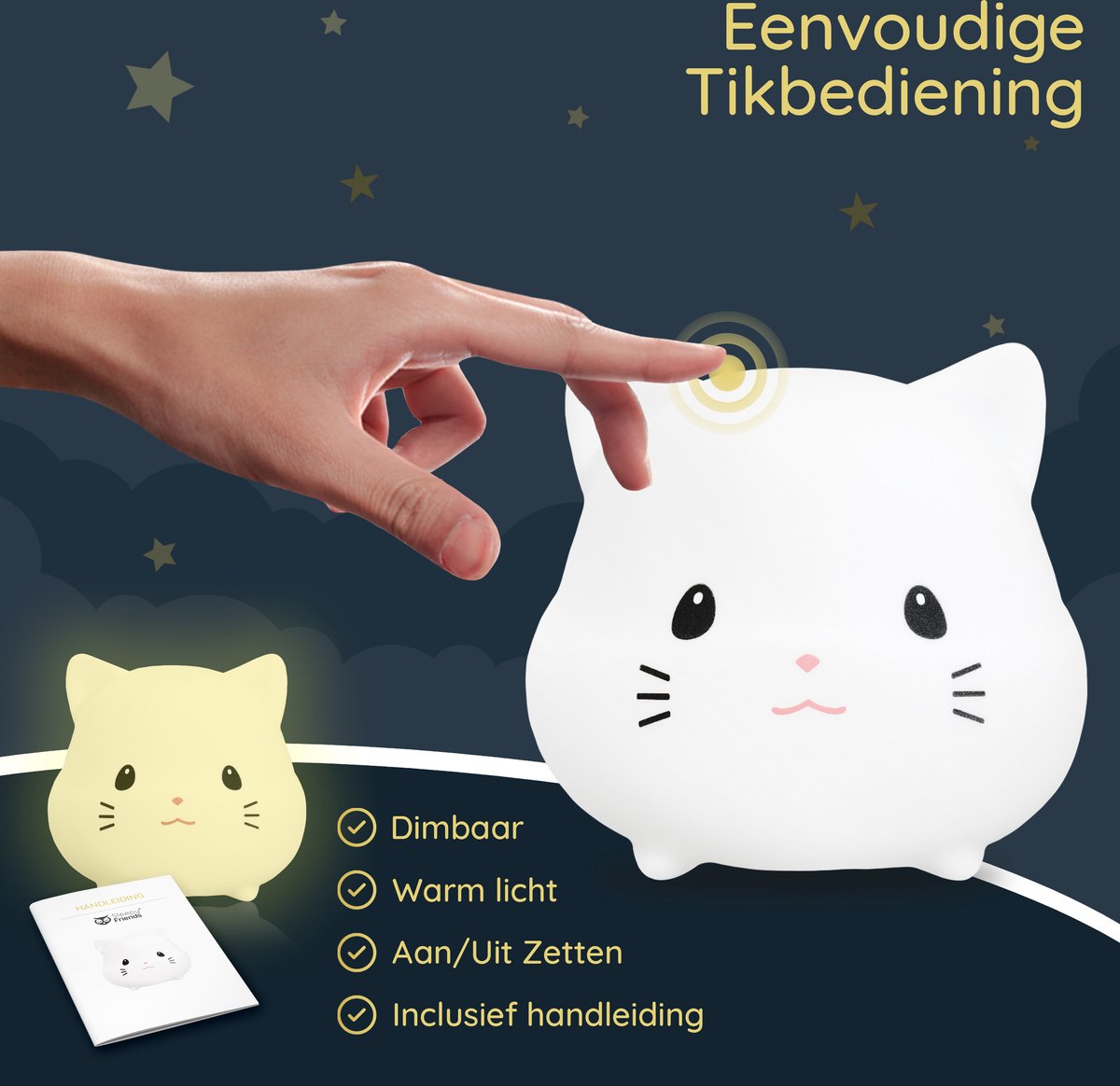 Sleepy Friends Premium Kat Nachtlampje Kinderkamer - USB Oplaadbaar, Dimbaar, Zacht & Veilig - 95 x 97 x 100 mm - Grijs