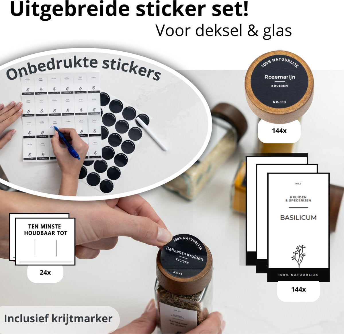Organess Kruidenpotjes Set 42 Stuks Vierkant - Acacia Deksel - Inclusief Labels en Accessoires - 120ml