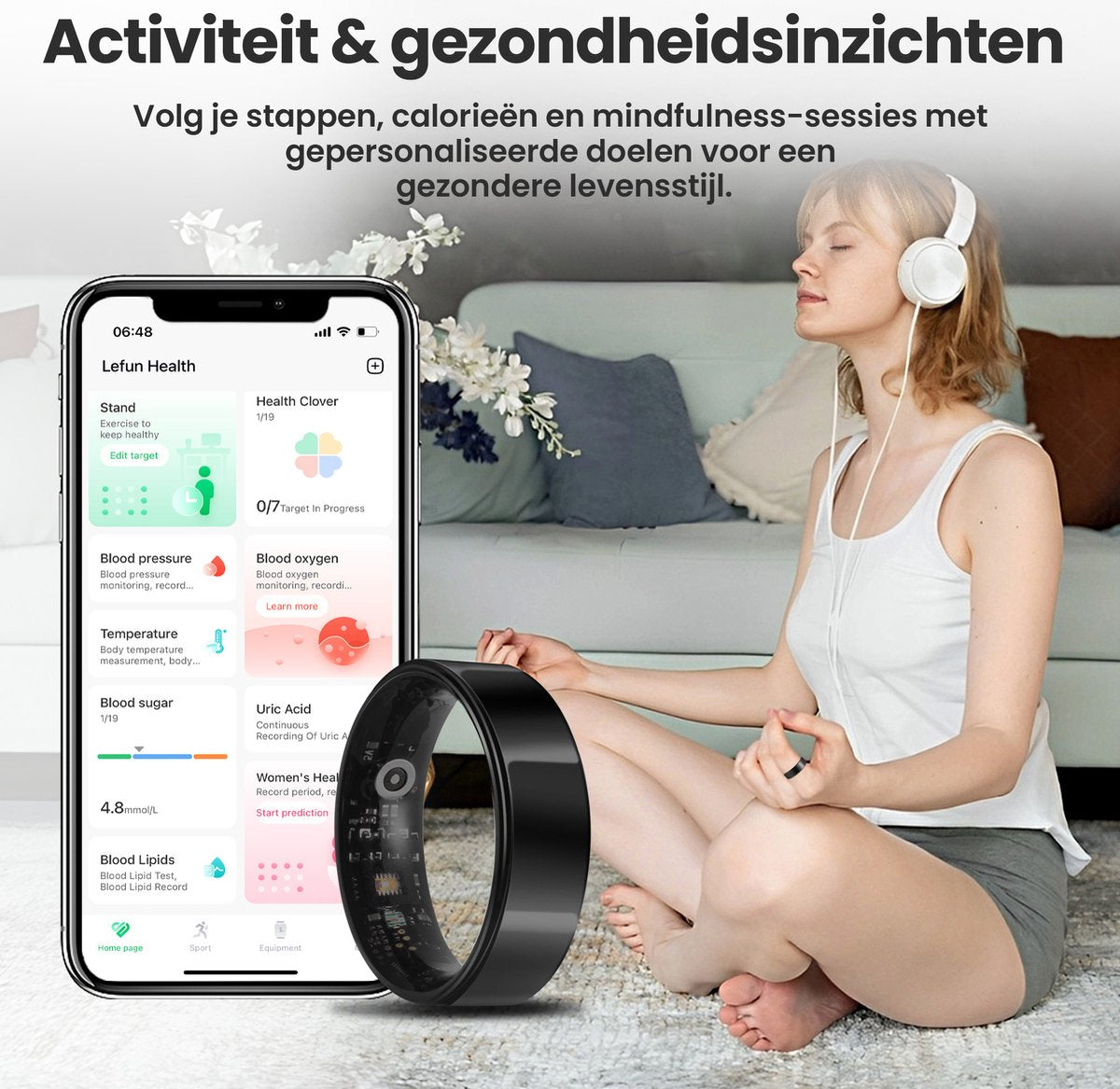Saaf Smart Ring - Zwart - Maat 8 - Slanke Activity Tracker voor Dames en Heren