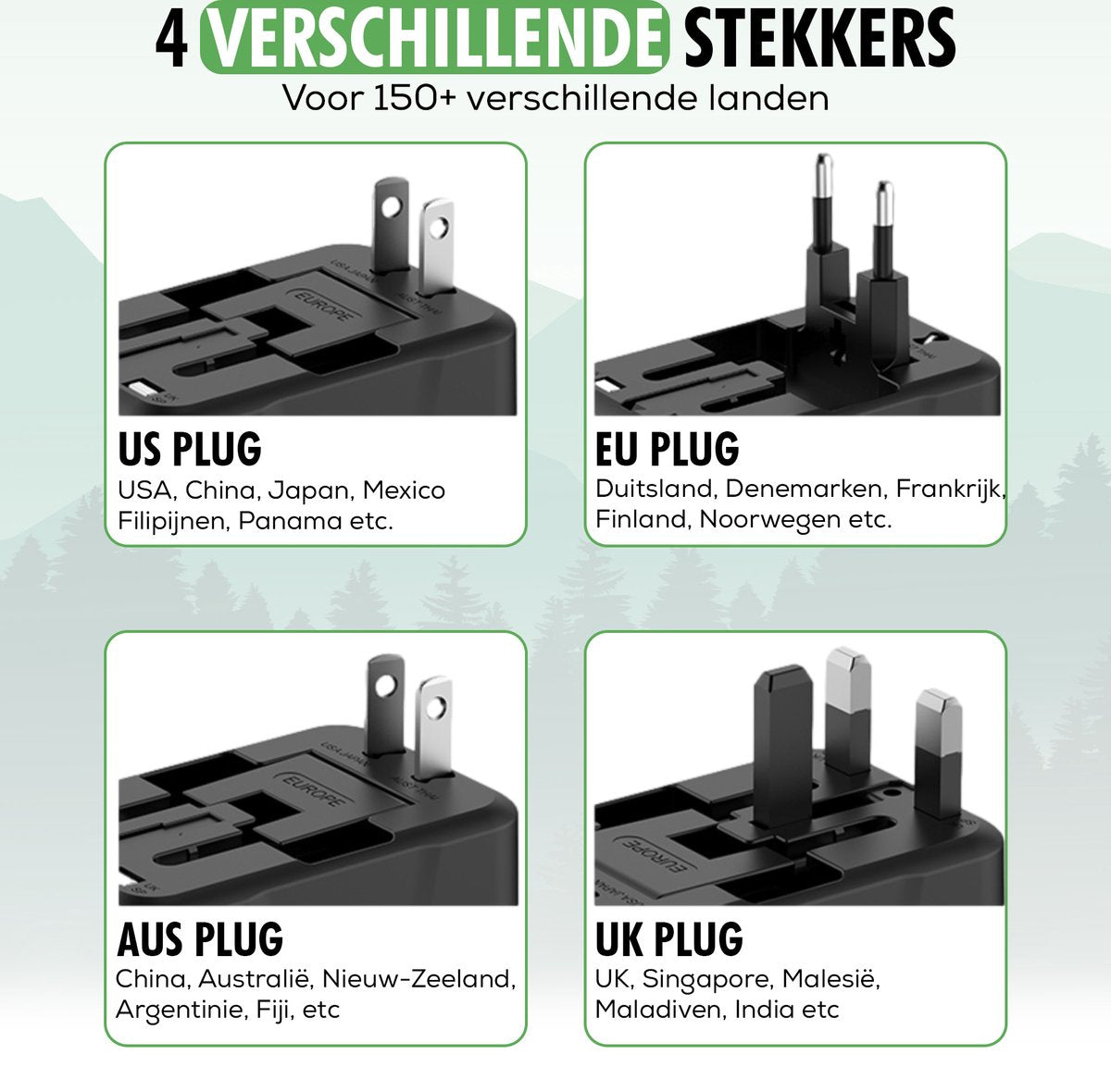 TravelHawk Universele Wereldstekker Zwart - USB-C & USB Poort - Voor 150+ Landen - Compact 7,5 x 5 x 3,5 cm