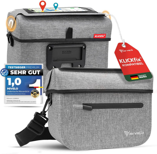 MIVELO Kinderstuurtas KLICKfix – Waterdicht – Mobielvak – Grijs