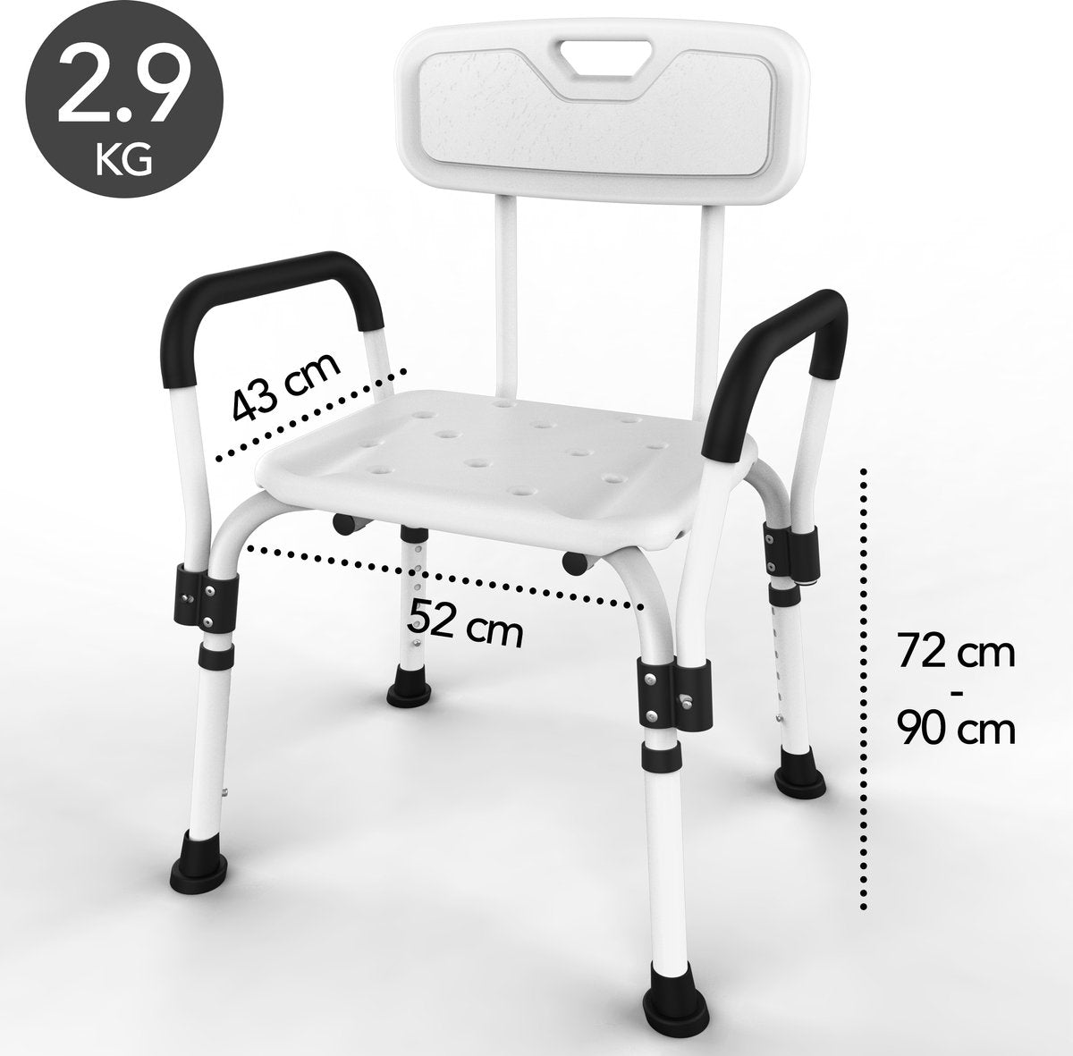 Brixy Douchestoel Wit 72-90 cm - Verstelbare Douchekruk met Afneembare Rug- en Armleuning, Anti-slip en Gevoerde Zitting, Max. 150 kg