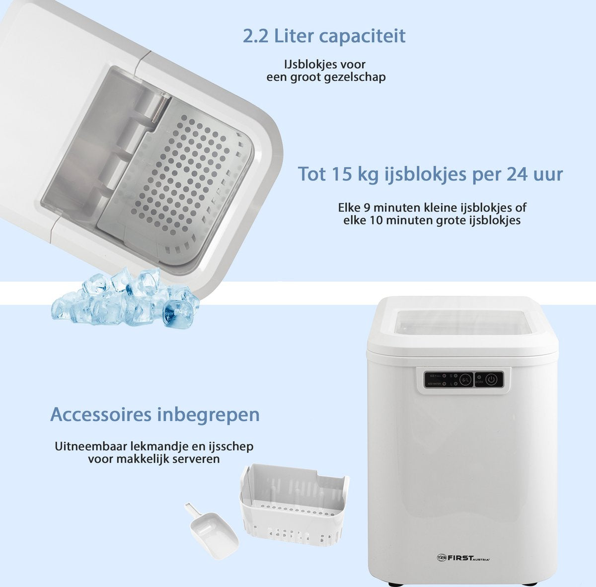 TZS First Austria 5104 IJsblokjesmachine - IJsblokjesmaker incl. schep en lekbak - 2.2L - Wit