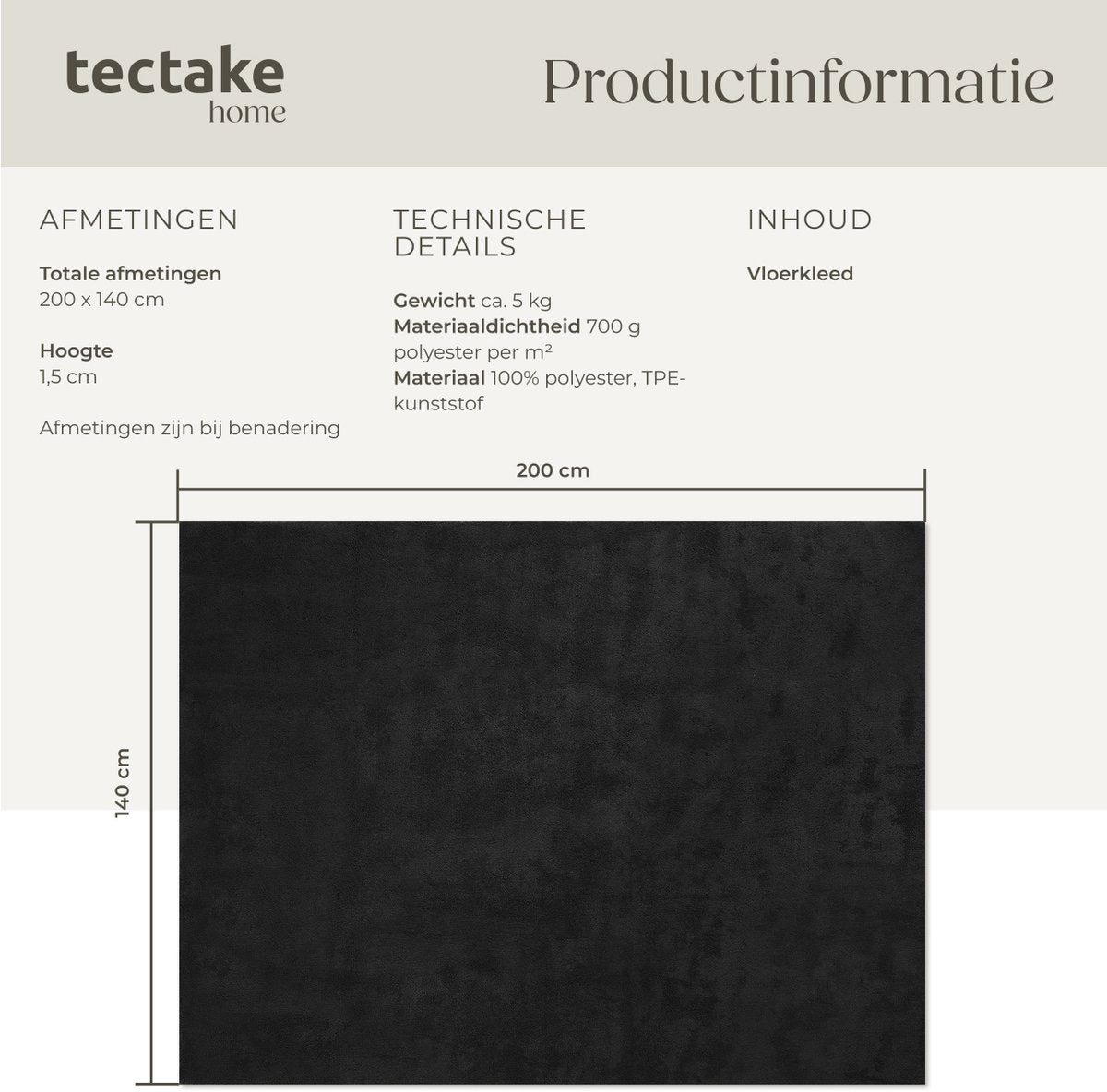 tectake Soft Zone Vloerkleed – Kortpolig – Extra Zacht – Zwart – 140 × 200 cm