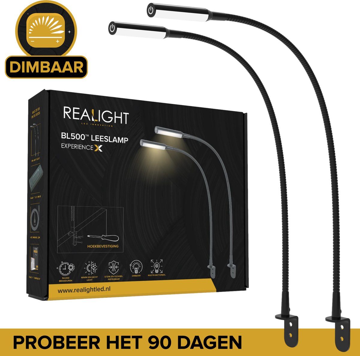 Realight BL300 Bedlampje – LED Nachtlampje met Dimfunctie – Leeslampje voor Bed & Hoofdbord – Touchlamp – Warm Wit Licht – 2 Stuks – 58 cm – Zwart
