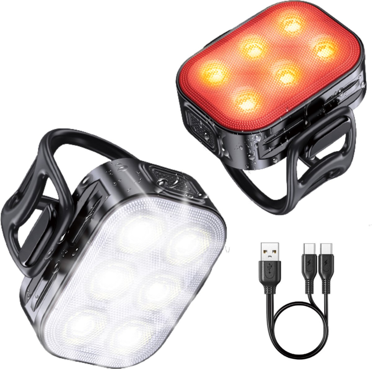Inlustro LED Fietslamp Set – Voor- en Achterlicht – USB Oplaadbaar – Waterdicht – 7,5 x 3,2 cm – Zwart