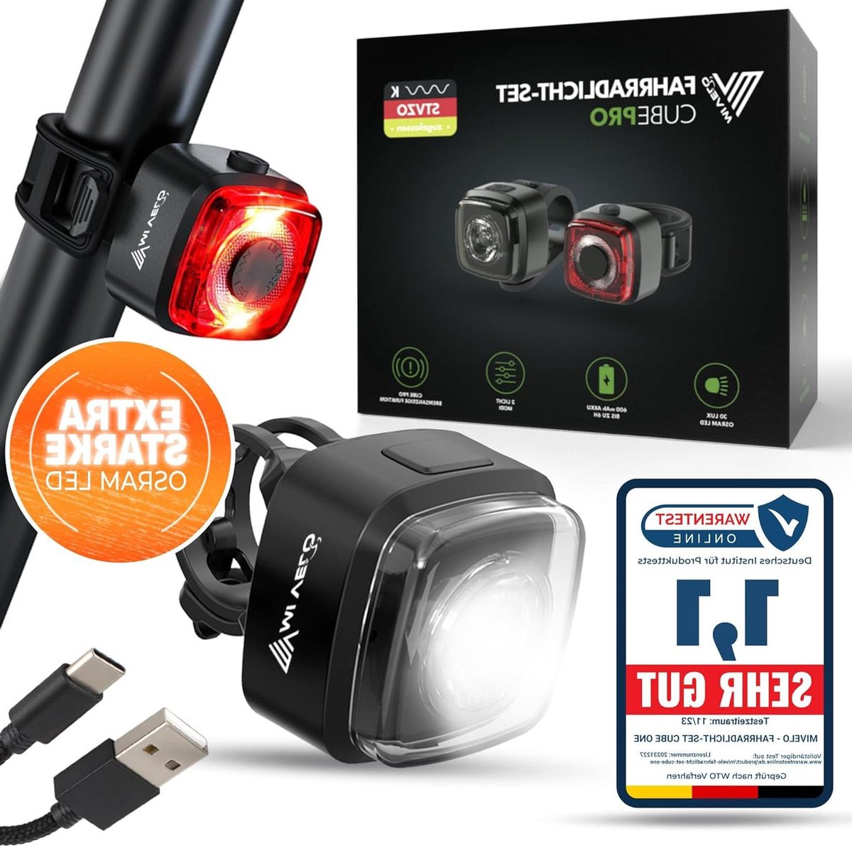 MIVELO Fietslampenset met remindicator - IPX5 waterdicht - Fietslamp voor & achter oplaadbaar via USB - Zwart