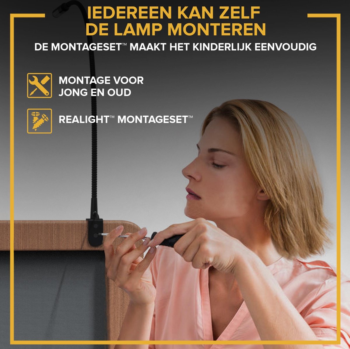 Realight BL300 Bedlampje – LED Nachtlampje met Dimfunctie – Leeslampje voor Bed & Hoofdbord – Touchlamp – Warm Wit Licht – 2 Stuks – 58 cm – Zwart