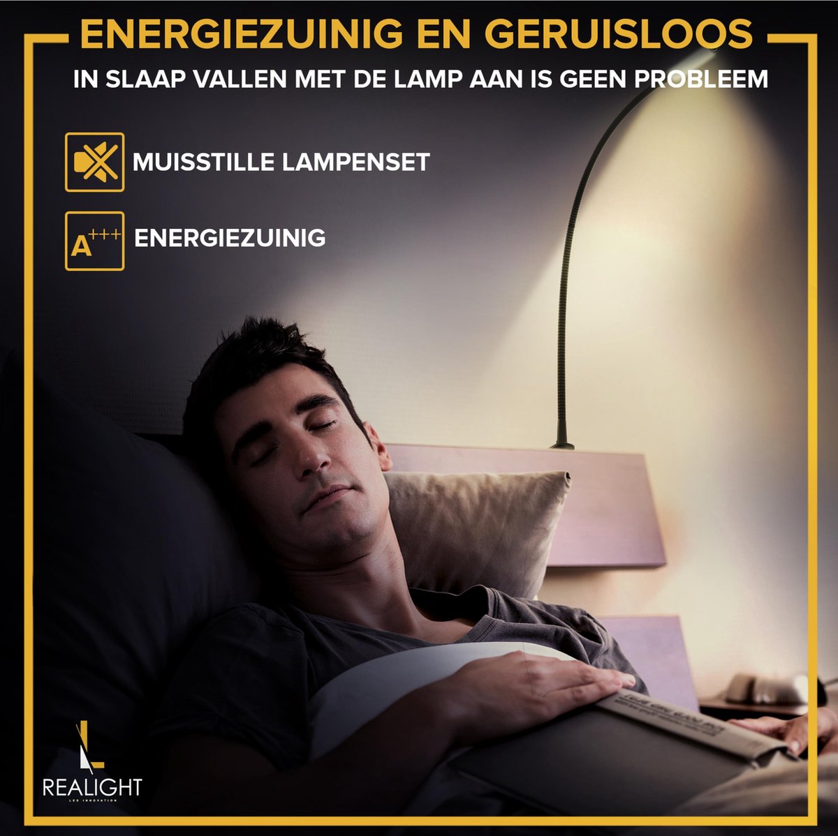 Realight BL300 Bedlampje – LED Nachtlampje met Dimfunctie – Leeslampje voor Bed & Hoofdbord – Touchlamp – Warm Wit Licht – 2 Stuks – 58 cm – Zwart