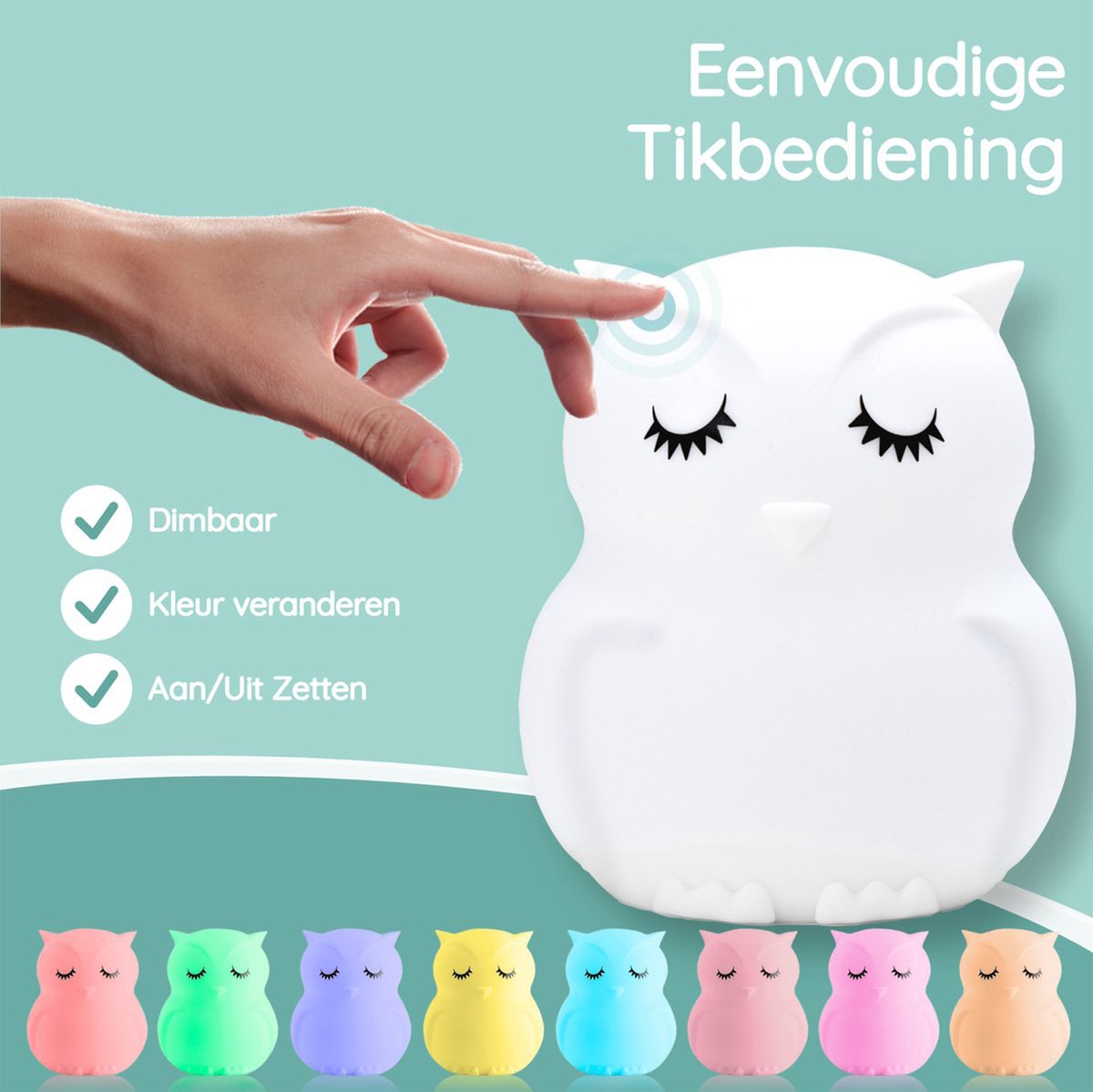 Sleepy Friends Kinder Nachtlampje Uiltje – Dimbaar Nachtlampje Baby & Kind – 8 Kleuren – USB Oplaadbaar – Touch & Afstandsbediening – 95 x 97 x 100 mm – 169g