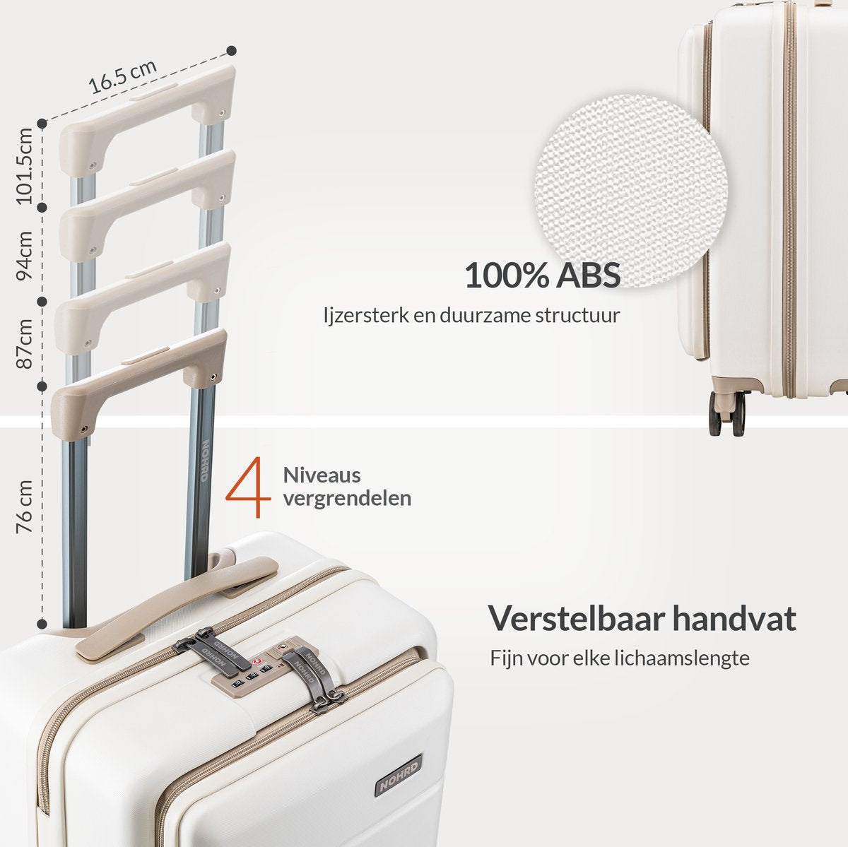 Nohrd Handbagage Koffer 35 L - Spinner Wielen - Trolley Lichtgewicht - Dubbel TSA Slot - Reiskoffer - Handig Voorvak - Ivoor